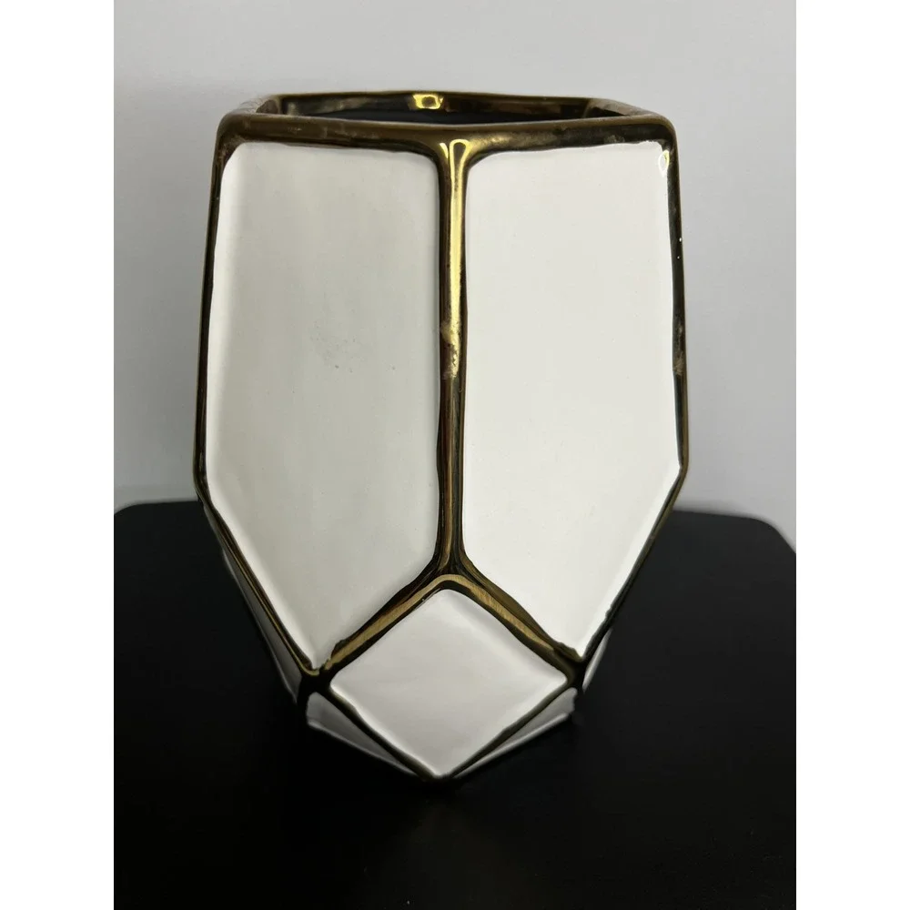 Large Ceramic Vase White Gold‎ Accent Elegant Home Decor